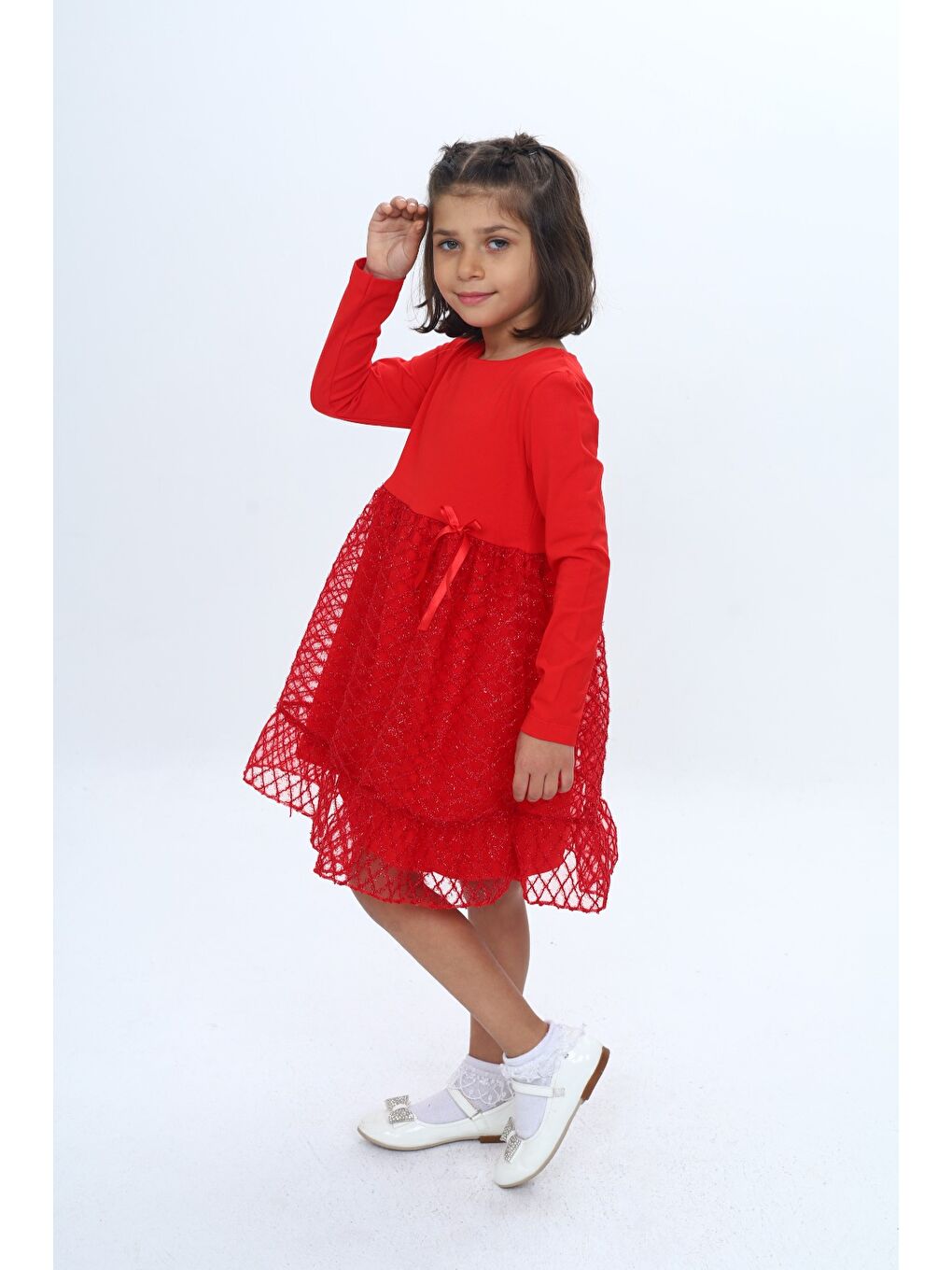 Kırmızı Kız Çocuk Fırfırlı Tüllü Elbise-1