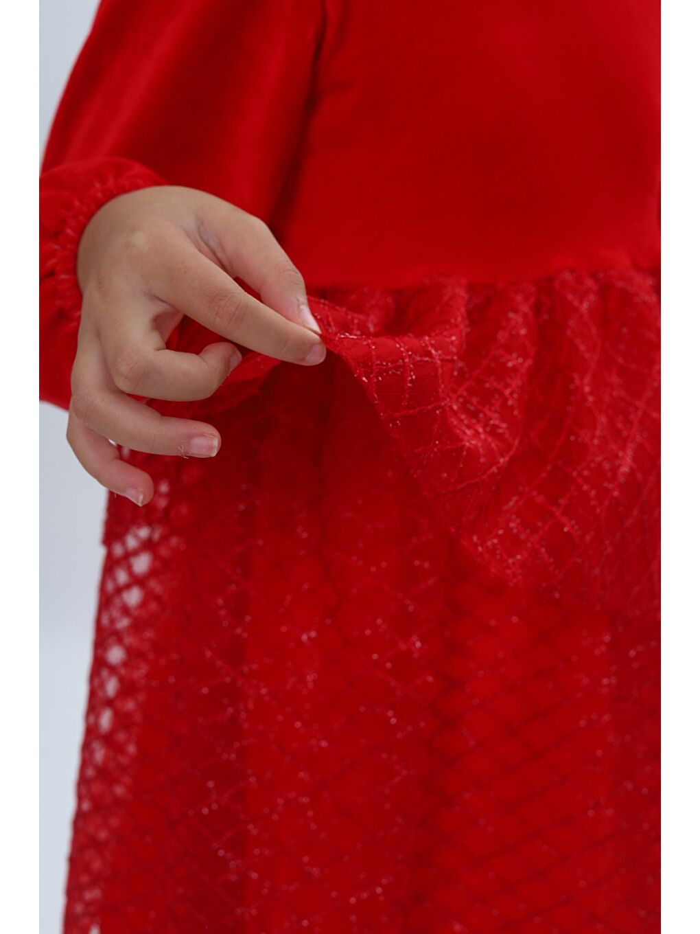 Kırmızı Kız Çocuk Kadife Kat Kat Fırfır Detaylı Elbise-8