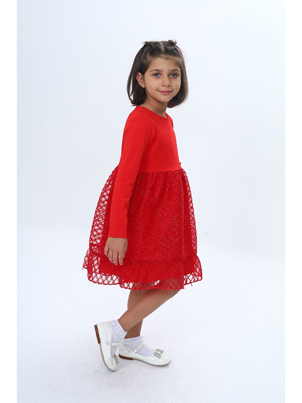 Kırmızı Kız Çocuk Fırfırlı Tüllü Elbise-2