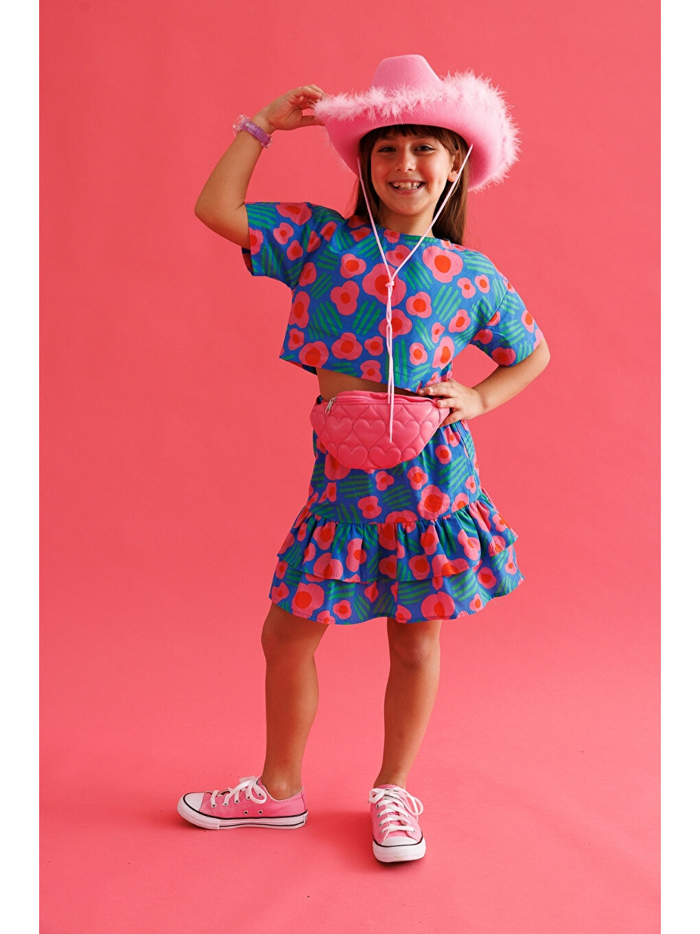 Mavi Çiçek Desenli Kız Çocuk Etek Crop Takım - Lavinia