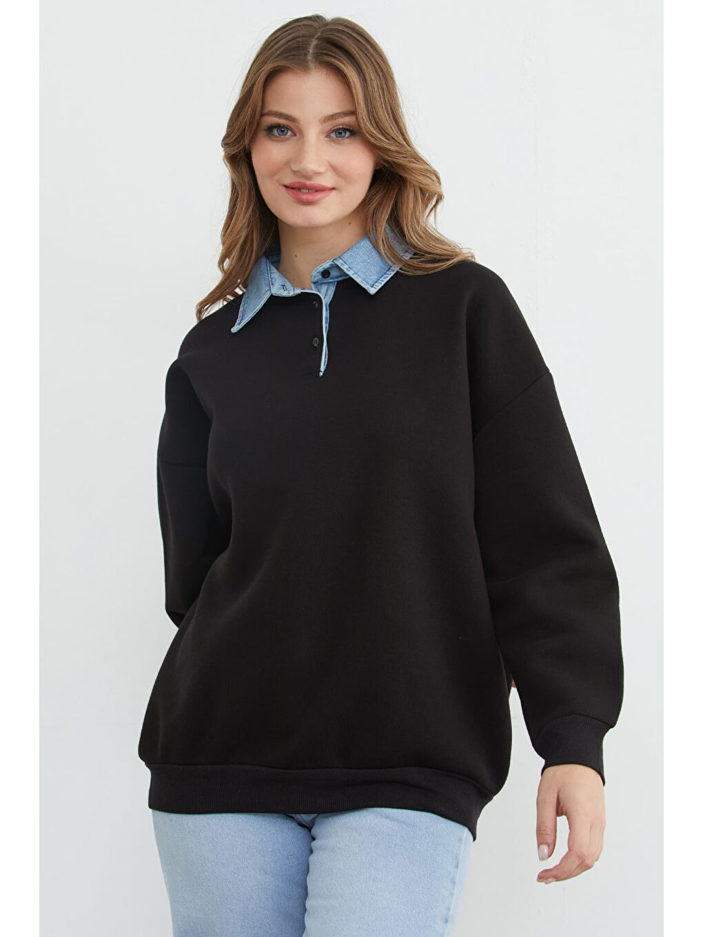 Siyah 3 İplik Jean Garnili Gömlek Yaka Oversize Sweatshirt-1