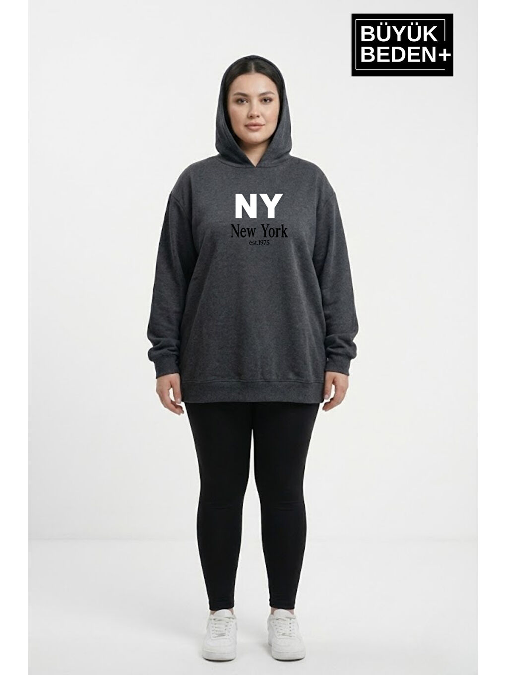 Antrasit Kadın Büyük Beden Kapüşonlu NY NewYork Baskılı ince Swatshırt SPR26BSWK957-15