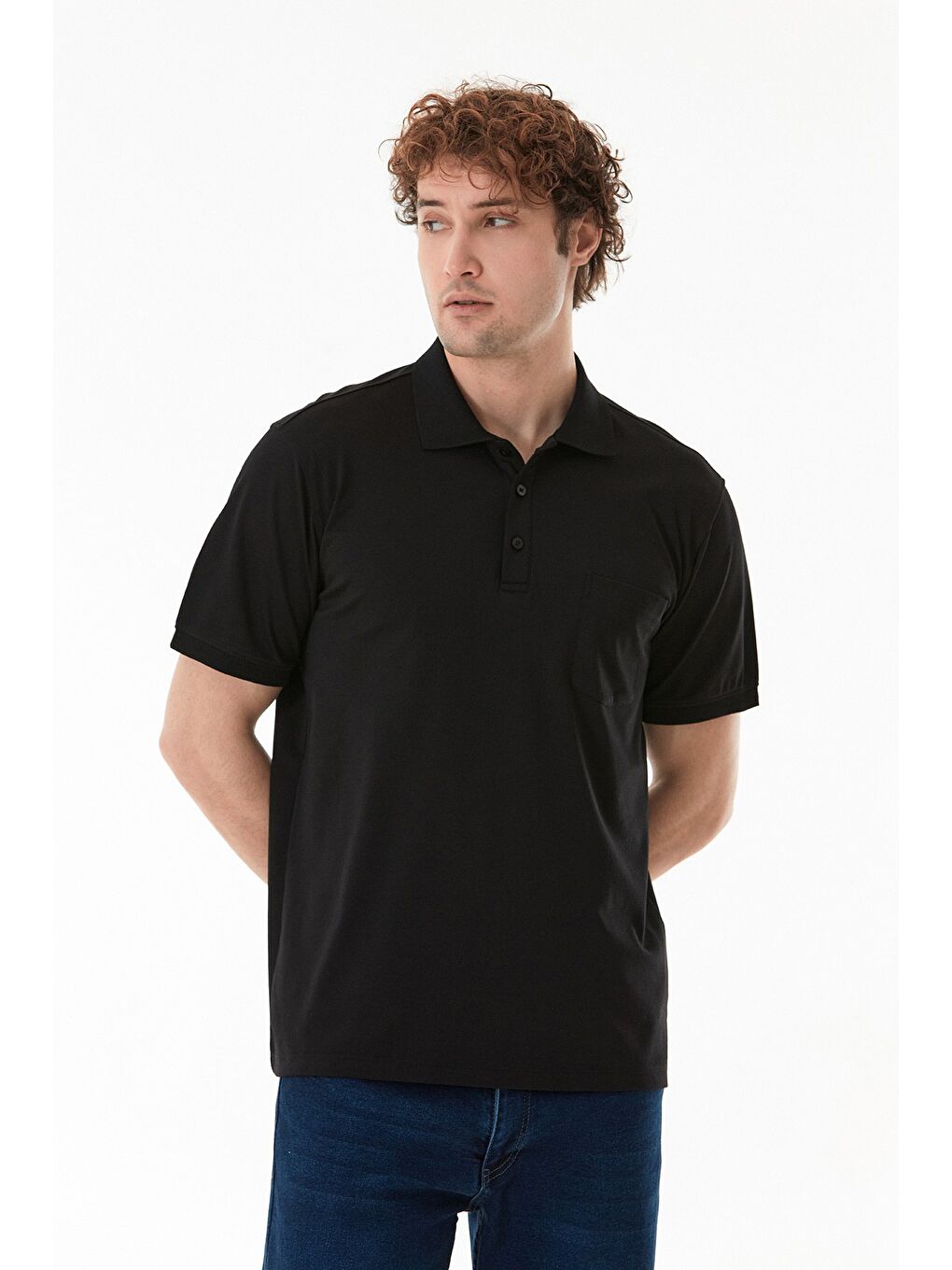 Siyah Cepli Düğmeli Polo Yaka Tişört-1