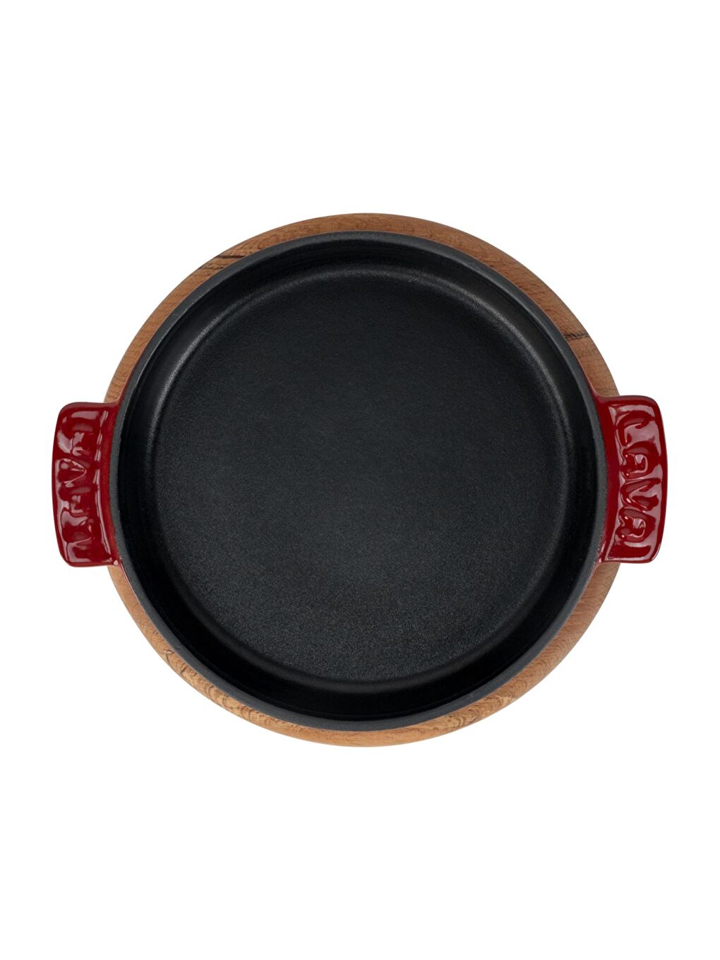 Bordo Yuvarlak Güveç Kabı Döküm Demir Yekpare Çift Kulplu Kayın Servis Ahşabı Çap(Ø)17cm.-1