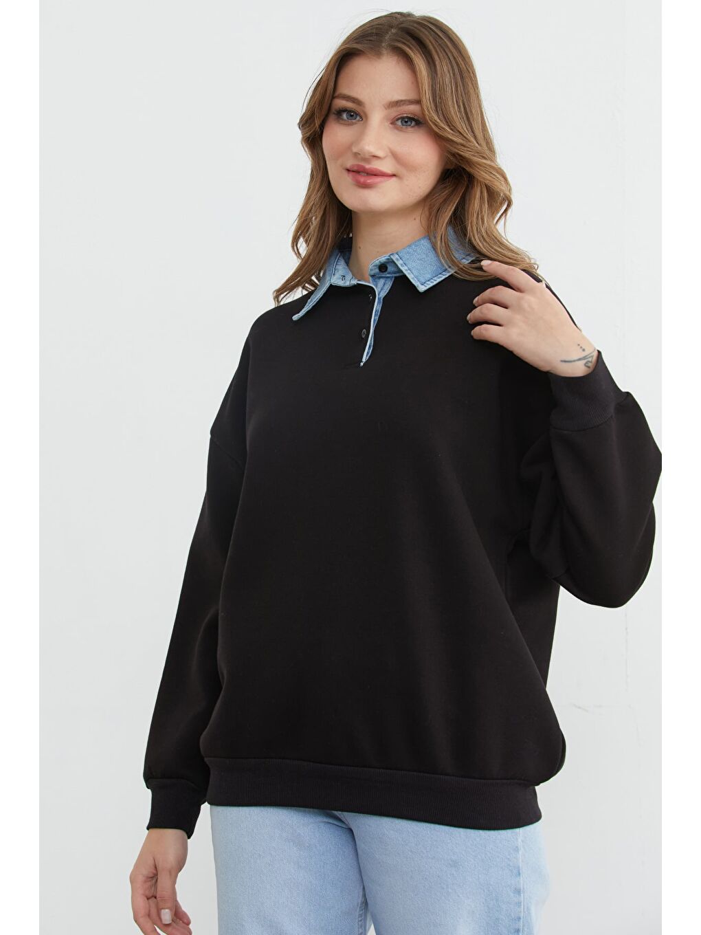 Siyah 3 İplik Jean Garnili Gömlek Yaka Oversize Sweatshirt-2