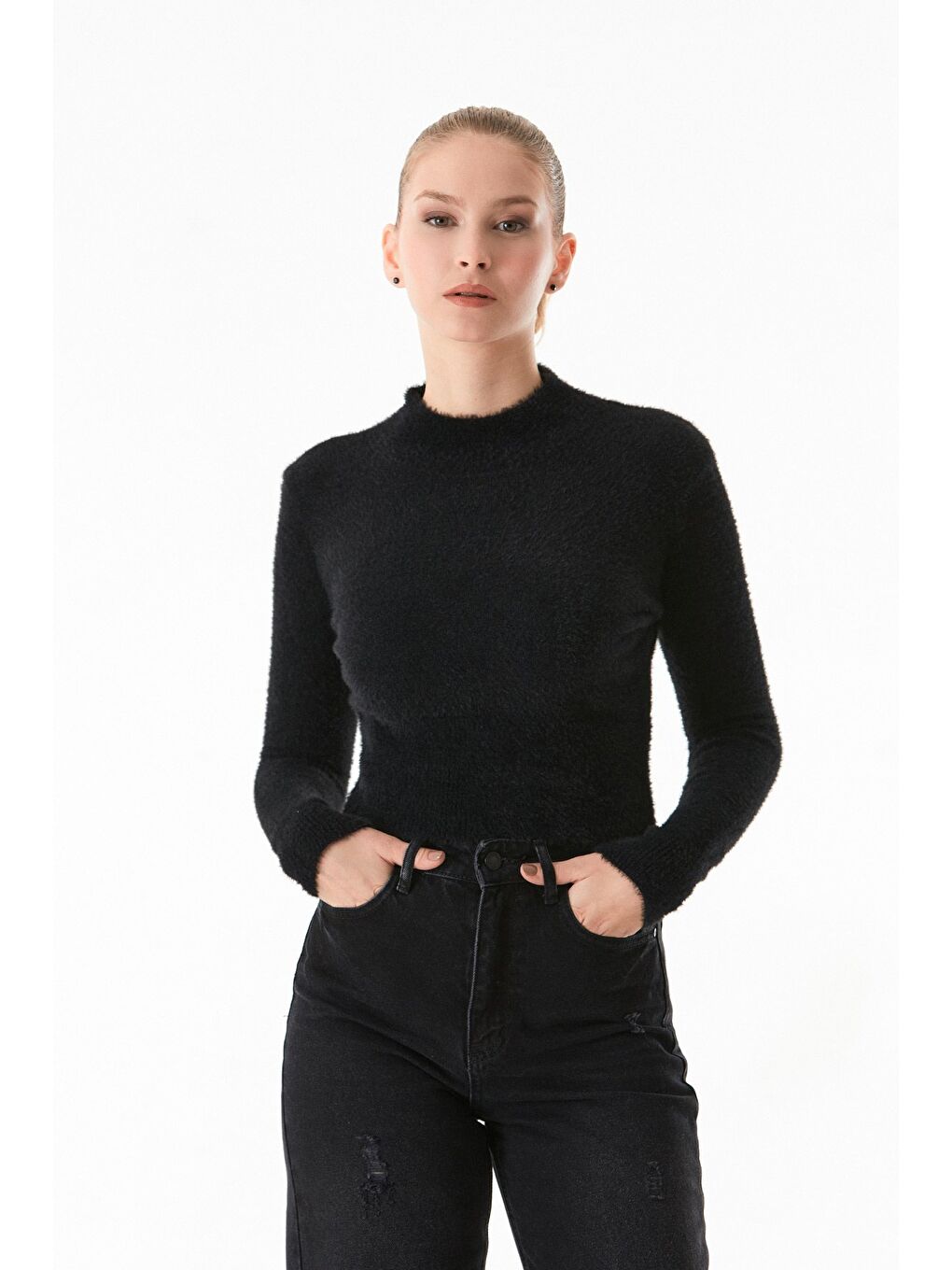 Siyah Basic Sakallı Beli Lastikli Kazak-1