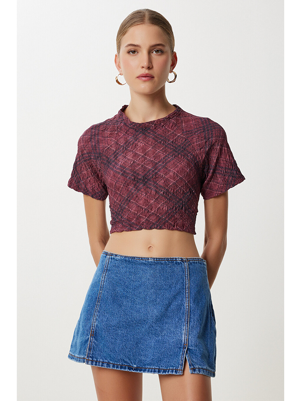 Bordo Desenli Crop Krinkıl Bluz BORDO LAN0048
