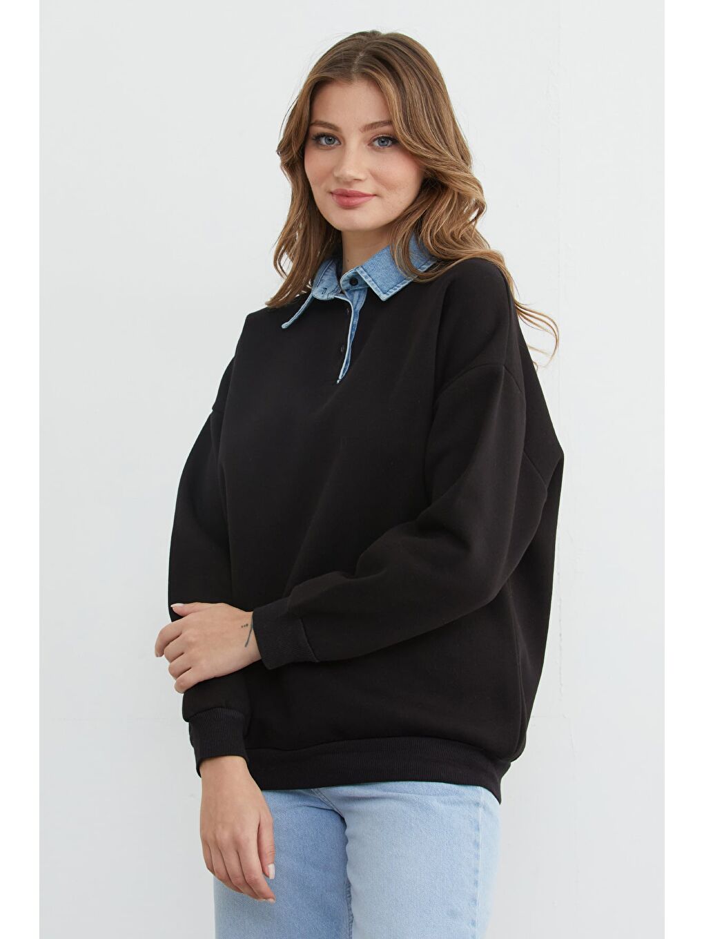 Siyah 3 İplik Jean Garnili Gömlek Yaka Oversize Sweatshirt-3