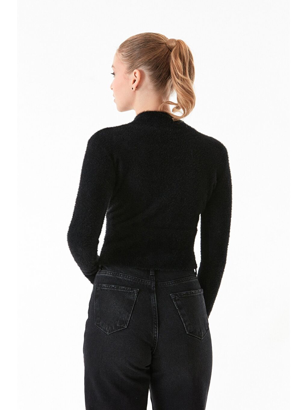 Siyah Basic Sakallı Beli Lastikli Kazak-3