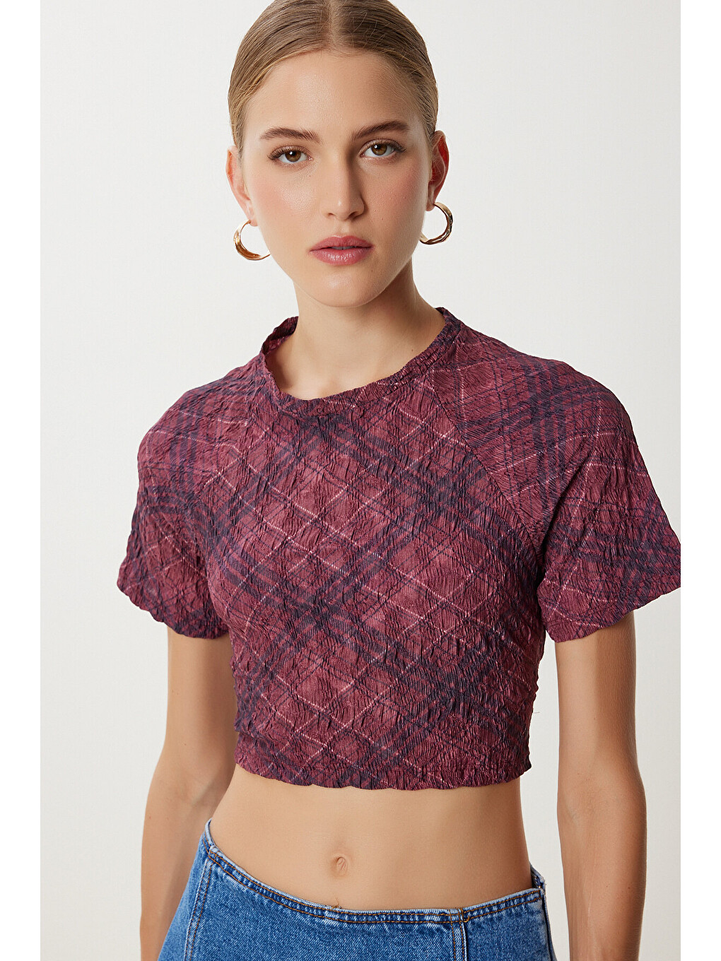 Bordo Desenli Crop Krinkıl Bluz BORDO LAN0048-1