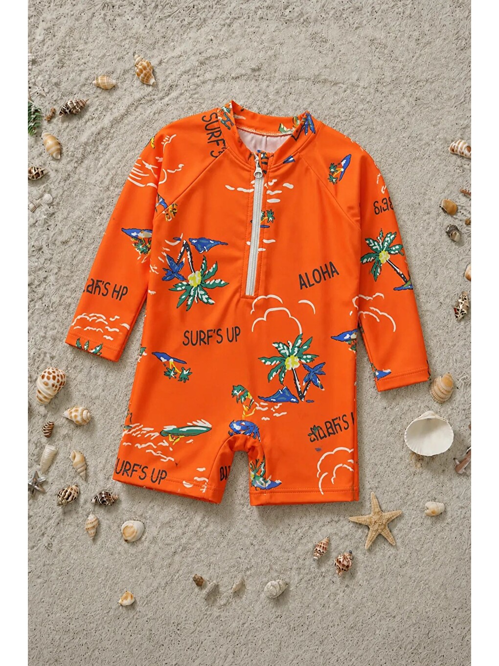 Aloha Surf's Up Turuncu Fermuarlı Uzun Kollu Erkek Bebek Tulum Mayo-1