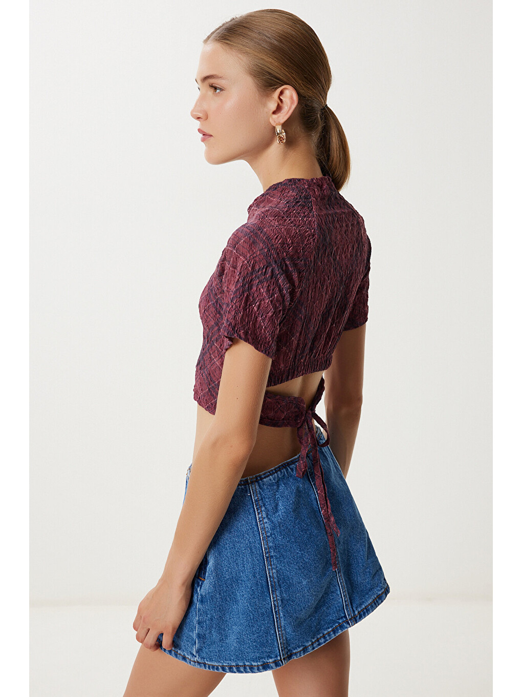 Bordo Desenli Crop Krinkıl Bluz BORDO LAN0048-2