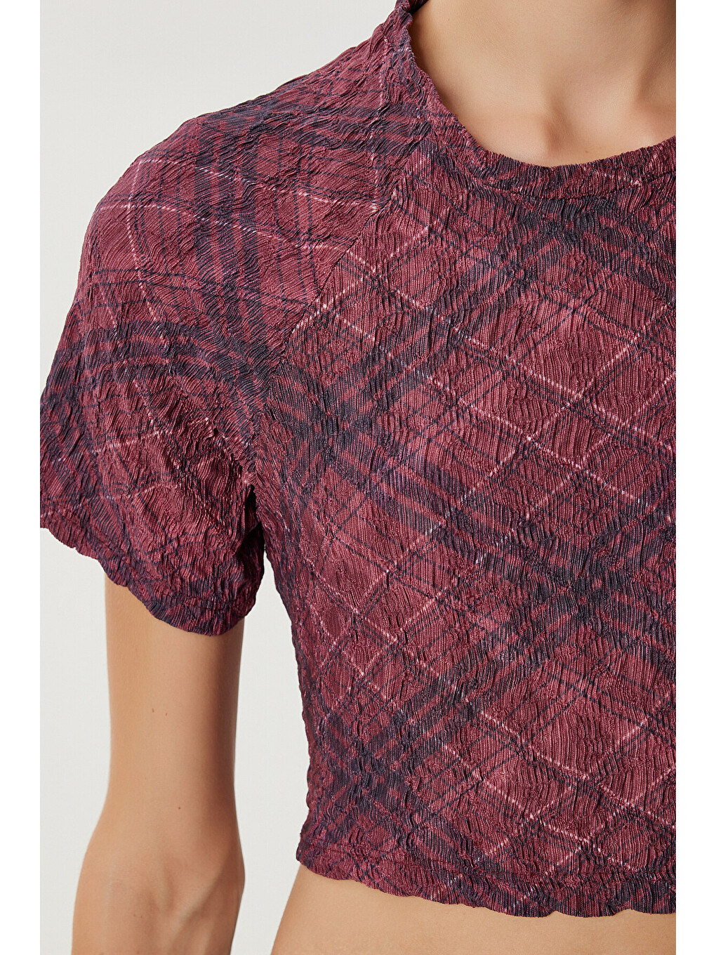 Bordo Desenli Crop Krinkıl Bluz BORDO LAN0048-3