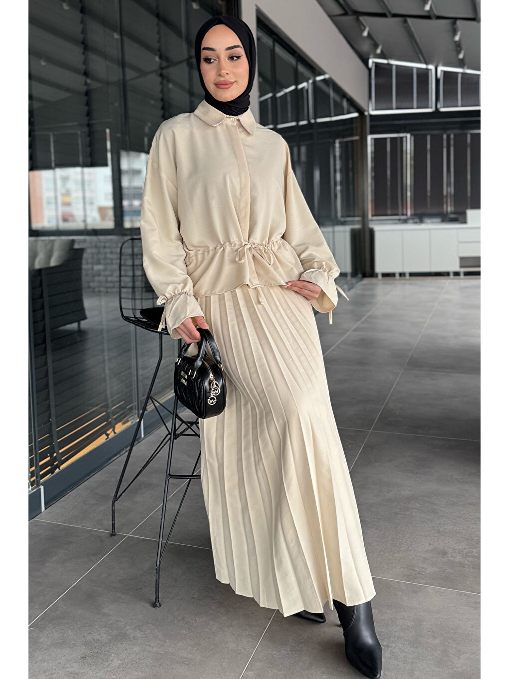 Bej Kadın Pileli Etek Gömlek Tesettür İkili Takım-2