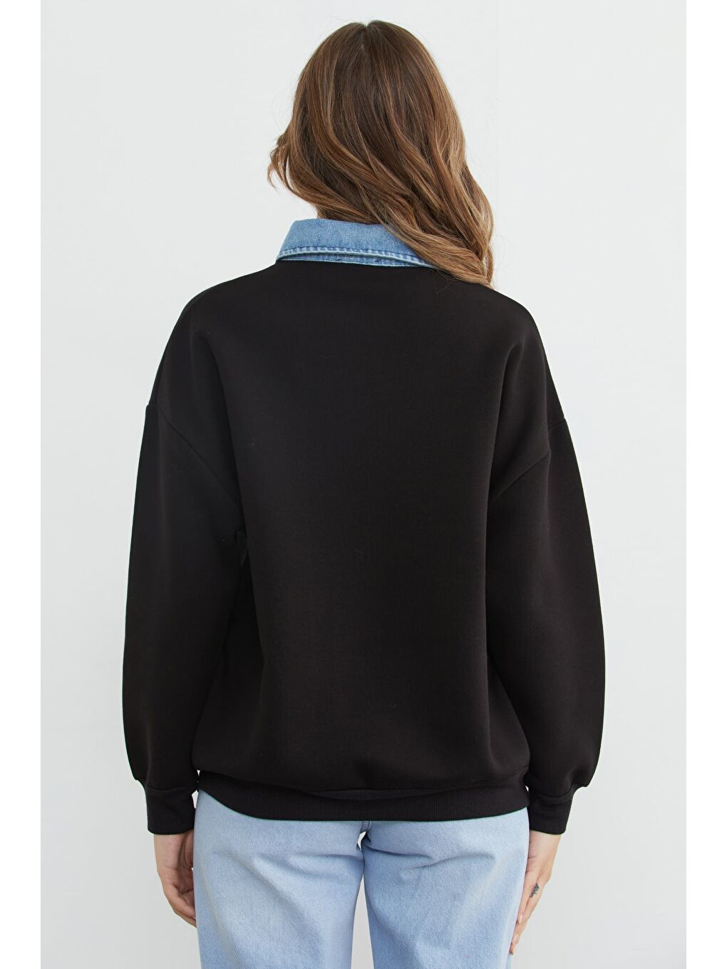Siyah 3 İplik Jean Garnili Gömlek Yaka Oversize Sweatshirt-4