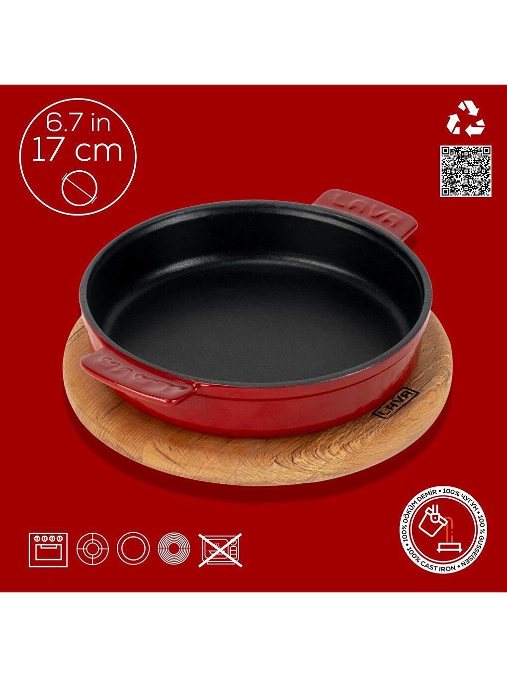 Bordo Yuvarlak Güveç Kabı Döküm Demir Yekpare Çift Kulplu Kayın Servis Ahşabı Çap(Ø)17cm.-3