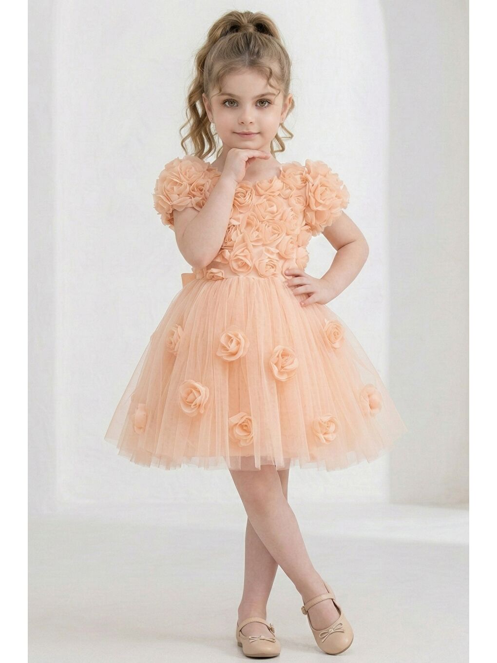 Pembe Rosali Lase Detay Kız Tütü Abiye Elbise M00803