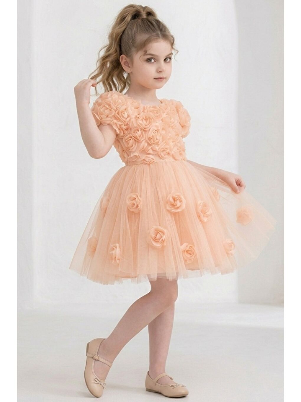 Pembe Rosali Lase Detay Kız Tütü Abiye Elbise M00803-1