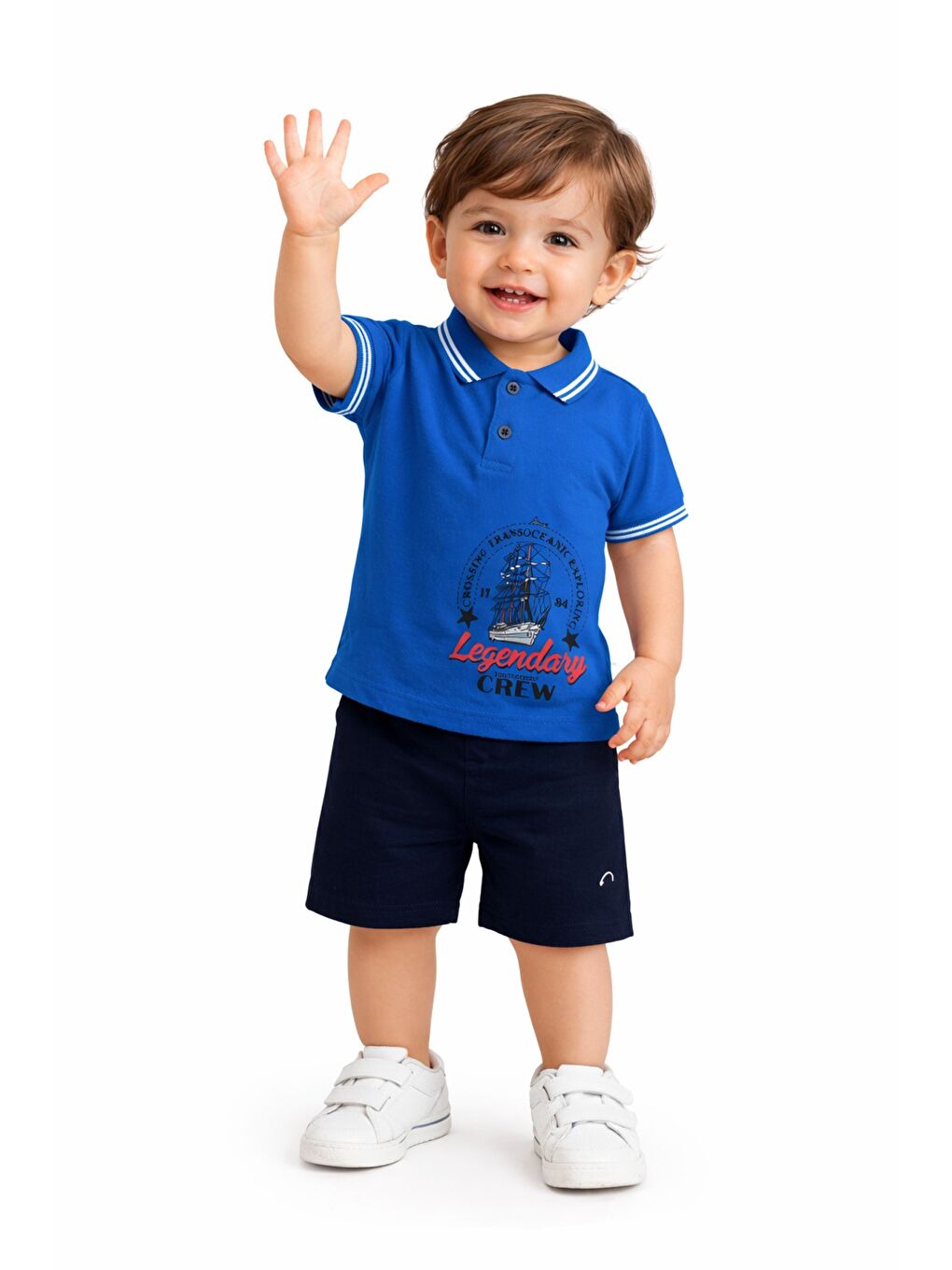 Lacivert Erkek Bebek Polo Yaka Baskılı Tshirt Şort Yazlık Takım-1