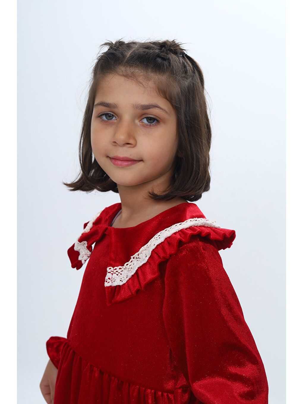 Kırmızı Kız Çocuk Yaka Detaylı Fırfırlı Elbise-1