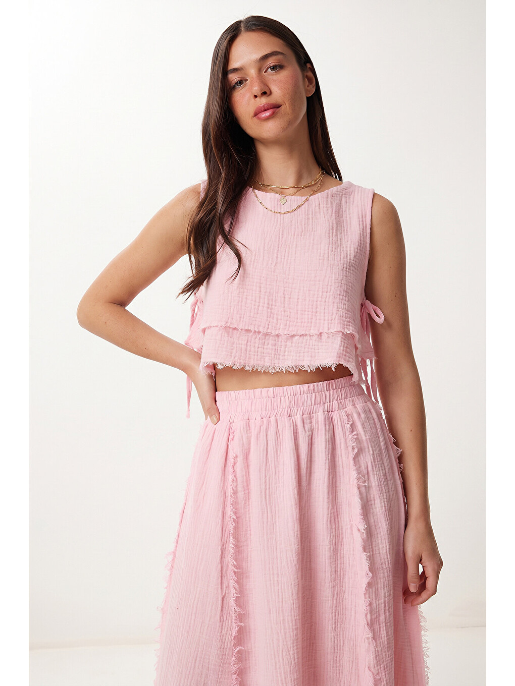 Pembe Müslin Bluz Etek Takım PEMBE LAX0012-2