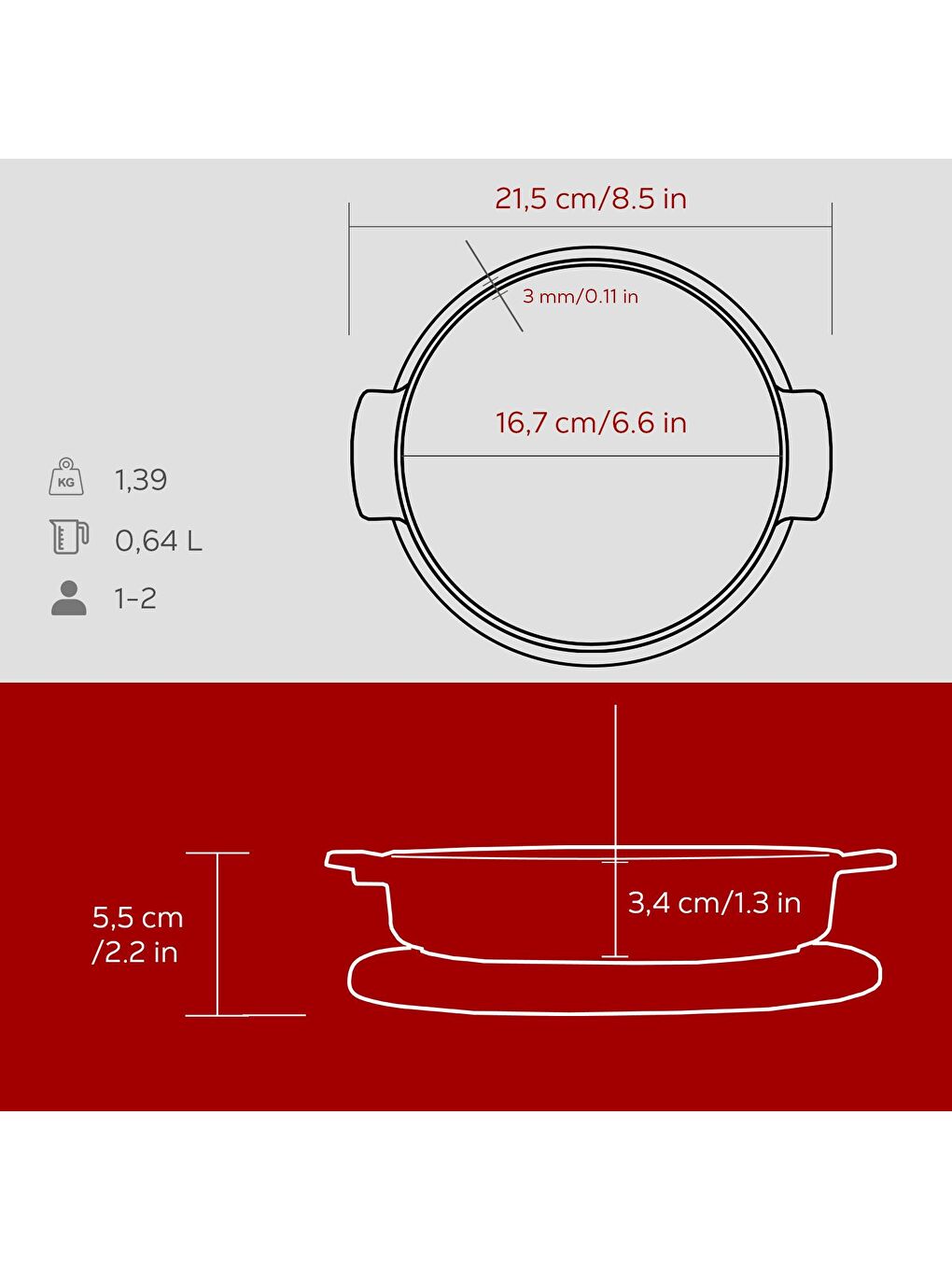 Bordo Yuvarlak Güveç Kabı Döküm Demir Yekpare Çift Kulplu Kayın Servis Ahşabı Çap(Ø)17cm.-4