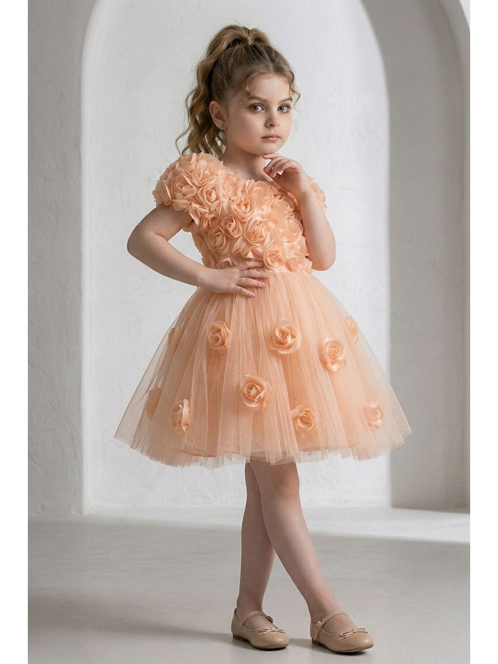 Pembe Rosali Lase Detay Kız Tütü Abiye Elbise M00803-3