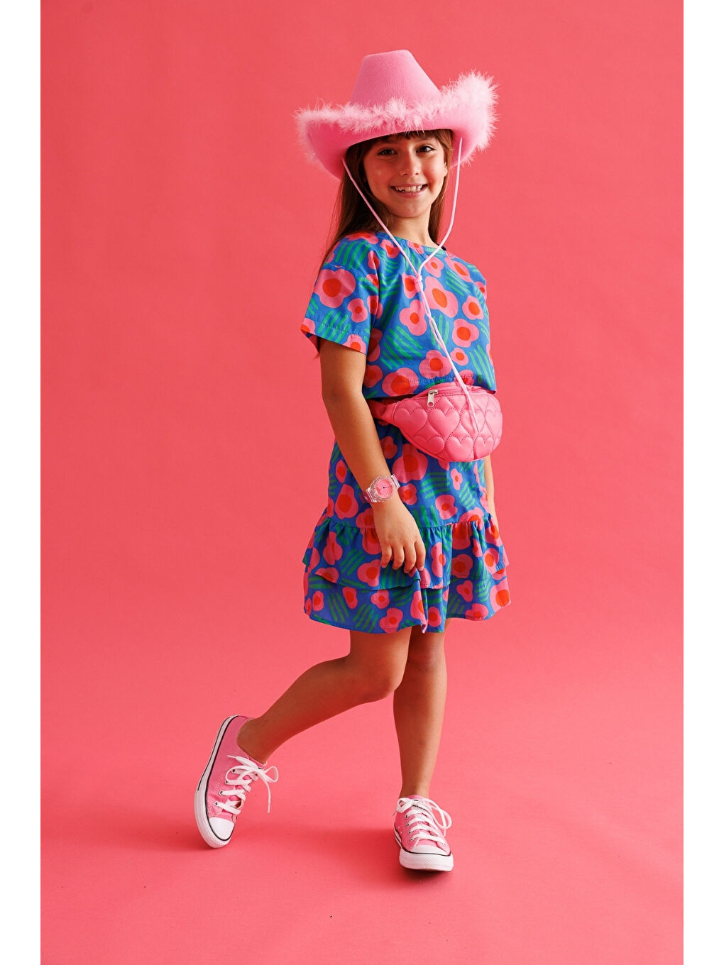 Mavi Çiçek Desenli Kız Çocuk Etek Crop Takım - Lavinia-1