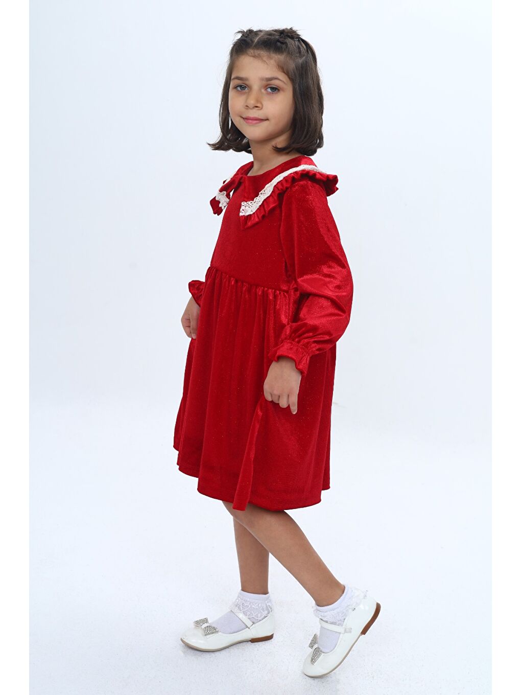Kırmızı Kız Çocuk Yaka Detaylı Fırfırlı Elbise-2
