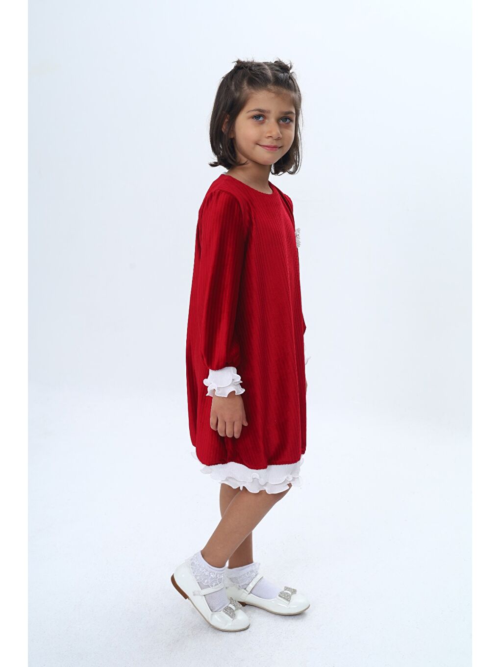 Kırmızı Kız Çocuk Kadife Fırfır Detaylı Elbise-2