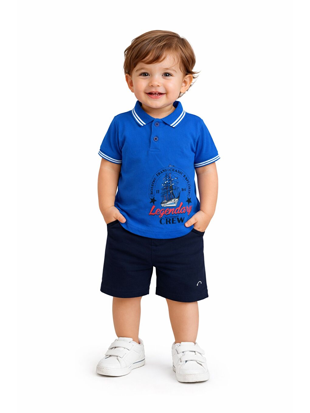 Lacivert Erkek Bebek Polo Yaka Baskılı Tshirt Şort Yazlık Takım-2