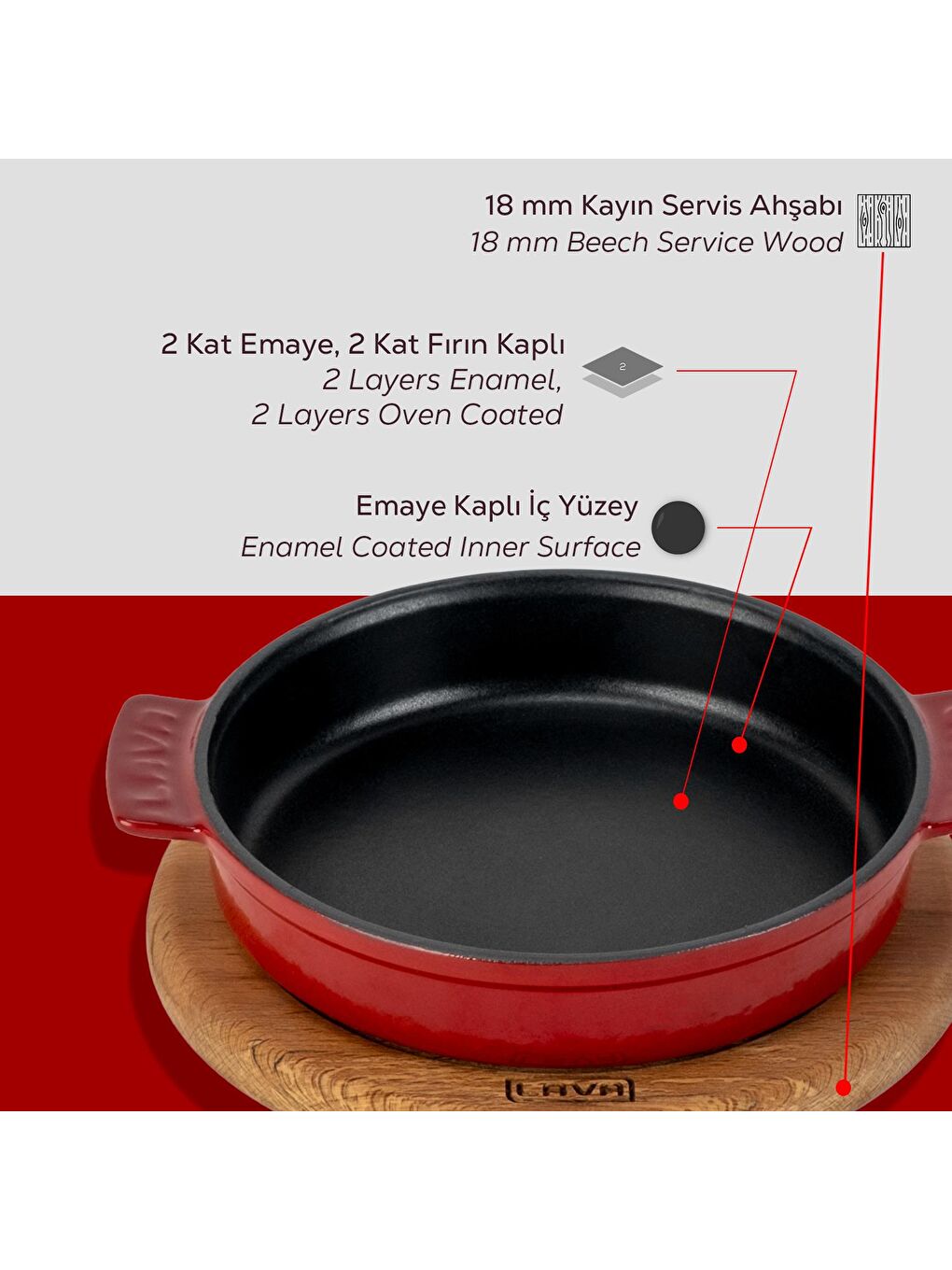 Bordo Yuvarlak Güveç Kabı Döküm Demir Yekpare Çift Kulplu Kayın Servis Ahşabı Çap(Ø)17cm.-5