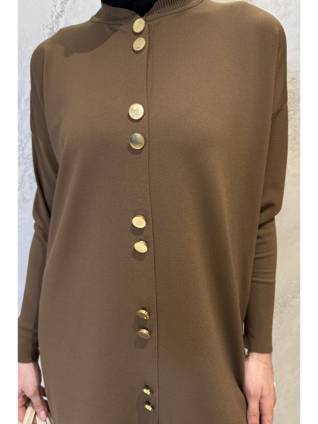 Bej Kadın Gold Düğme Detaylı Tesettür Triko Hırka-5