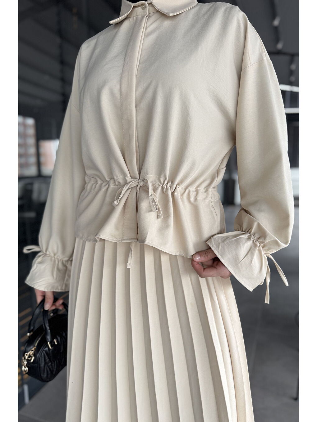 Bej Kadın Pileli Etek Gömlek Tesettür İkili Takım-5