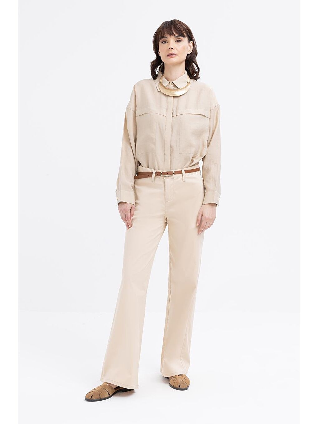 Bej-Geniş Paça Elastanlı Pantolon-1