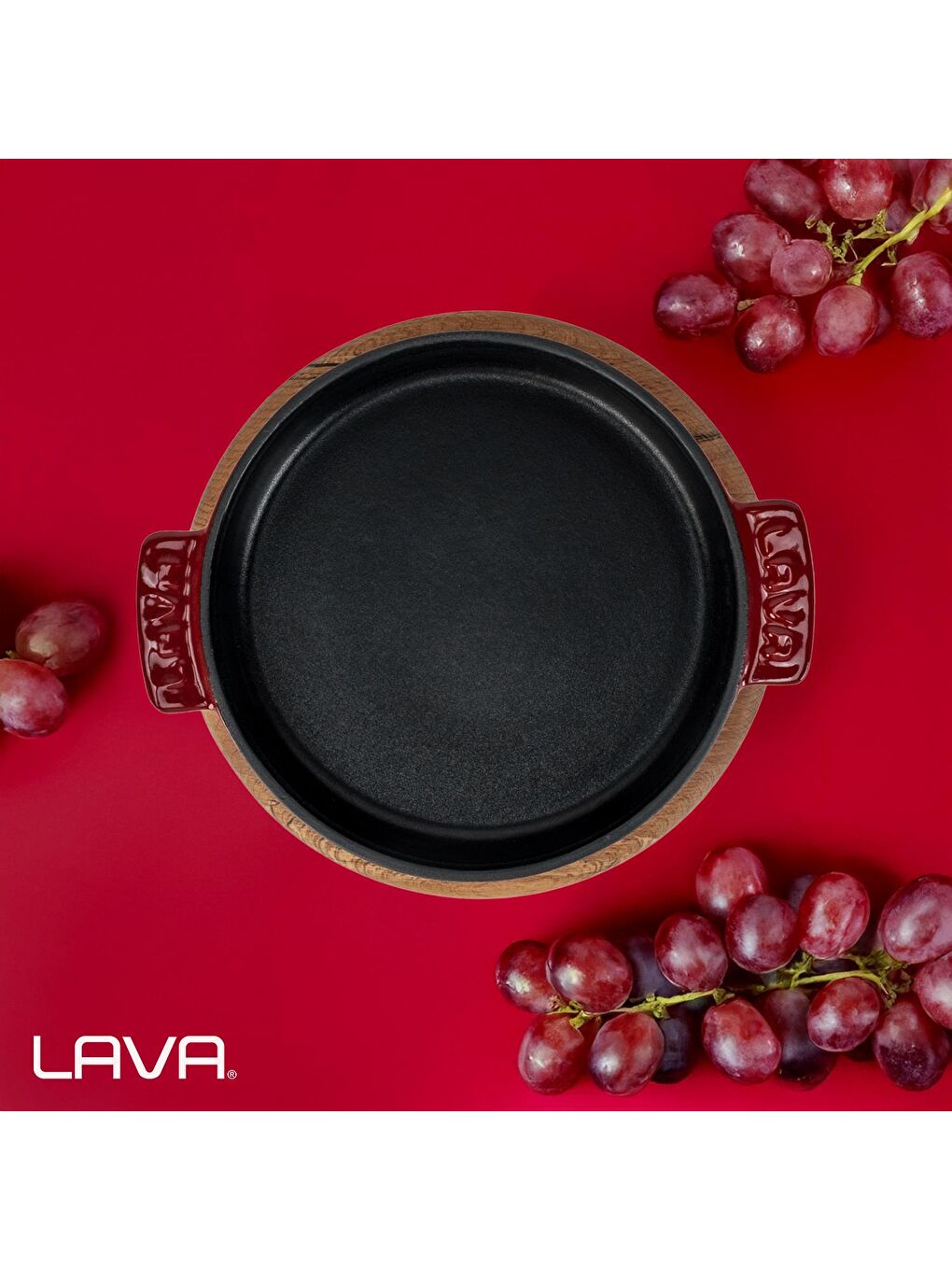 Bordo Yuvarlak Güveç Kabı Döküm Demir Yekpare Çift Kulplu Kayın Servis Ahşabı Çap(Ø)17cm.-6