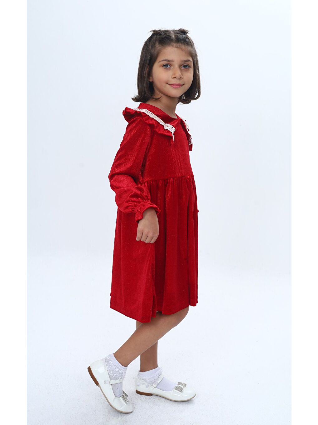 Kırmızı Kız Çocuk Yaka Detaylı Fırfırlı Elbise-3