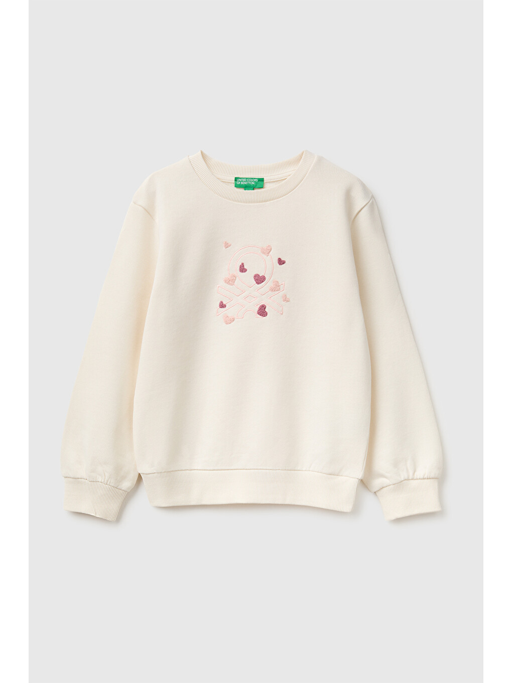 Kız Bebek Ekru Önü İşlemeli Uzun Kollu Bisiklet Yaka Sweatshirt