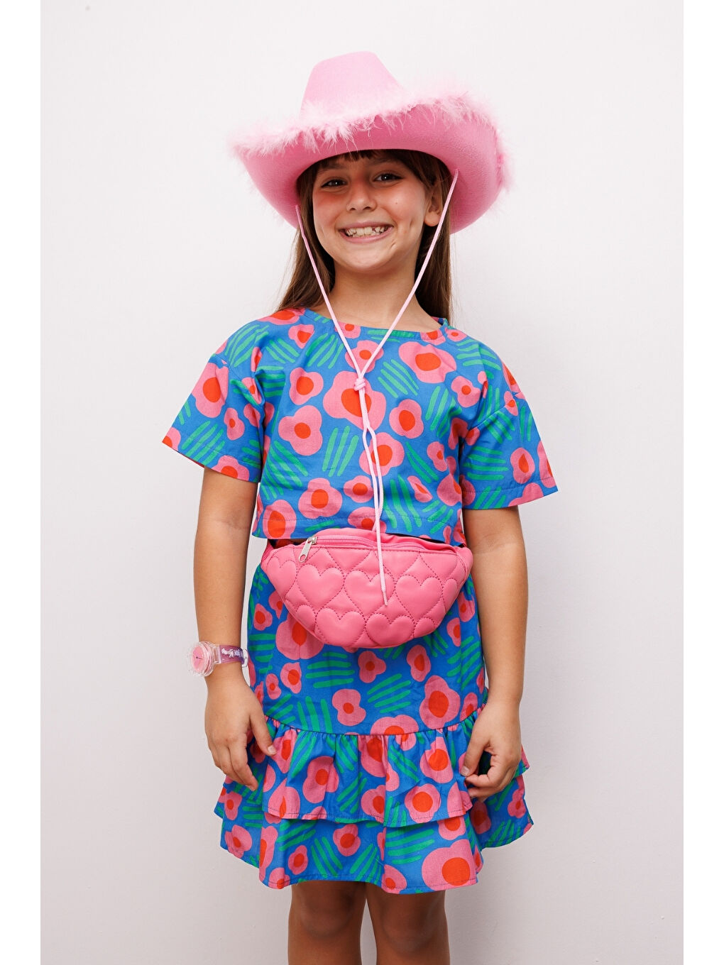 Mavi Çiçek Desenli Kız Çocuk Etek Crop Takım - Lavinia-2