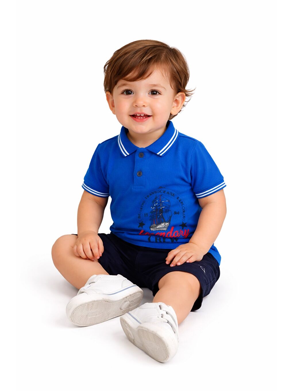 Lacivert Erkek Bebek Polo Yaka Baskılı Tshirt Şort Yazlık Takım-4