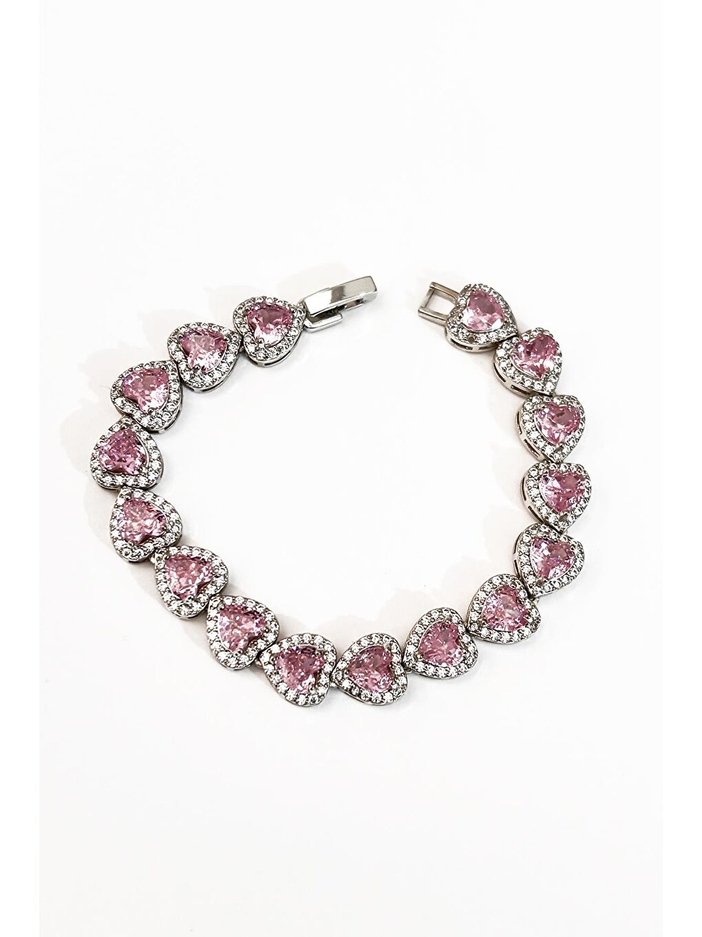 Gri Zirkon Pembe Taşlı Kalp Gümüş VIP Suyolu Bileklik-1