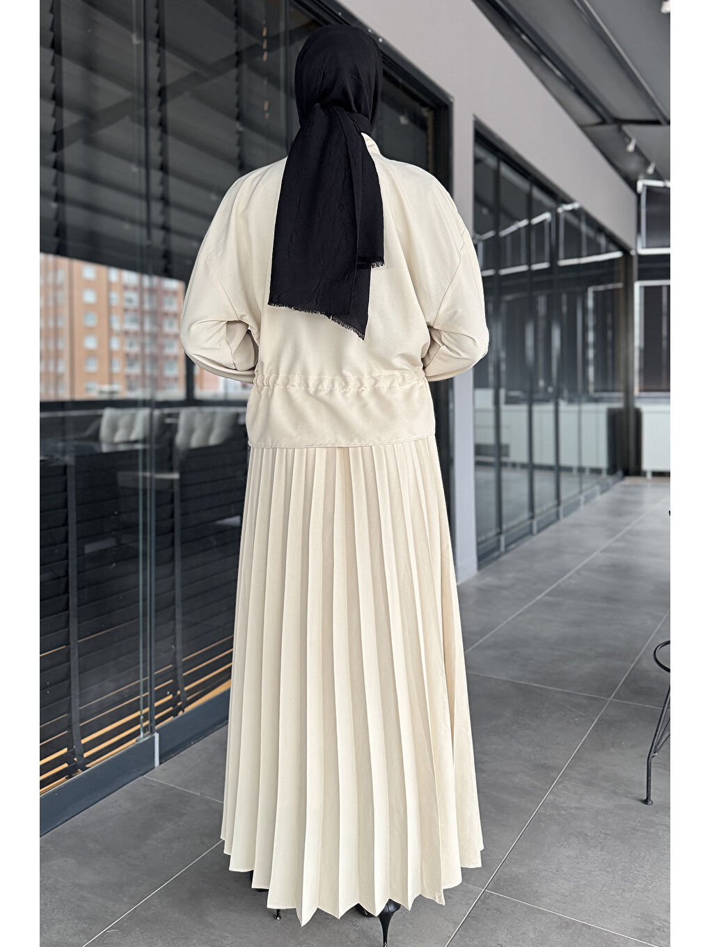 Bej Kadın Pileli Etek Gömlek Tesettür İkili Takım-7