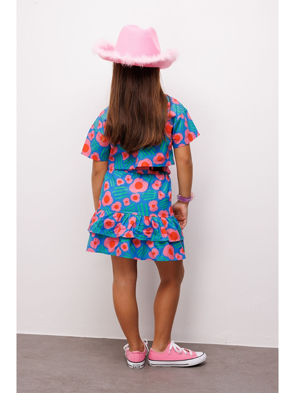 Mavi Çiçek Desenli Kız Çocuk Etek Crop Takım - Lavinia-3