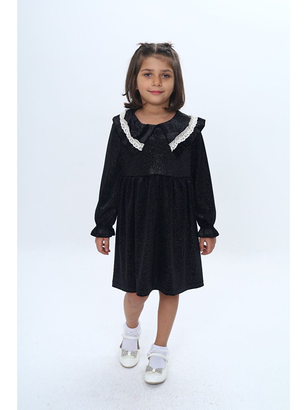 Siyah Kız Çocuk Yaka Detaylı Fırfırlı Elbise