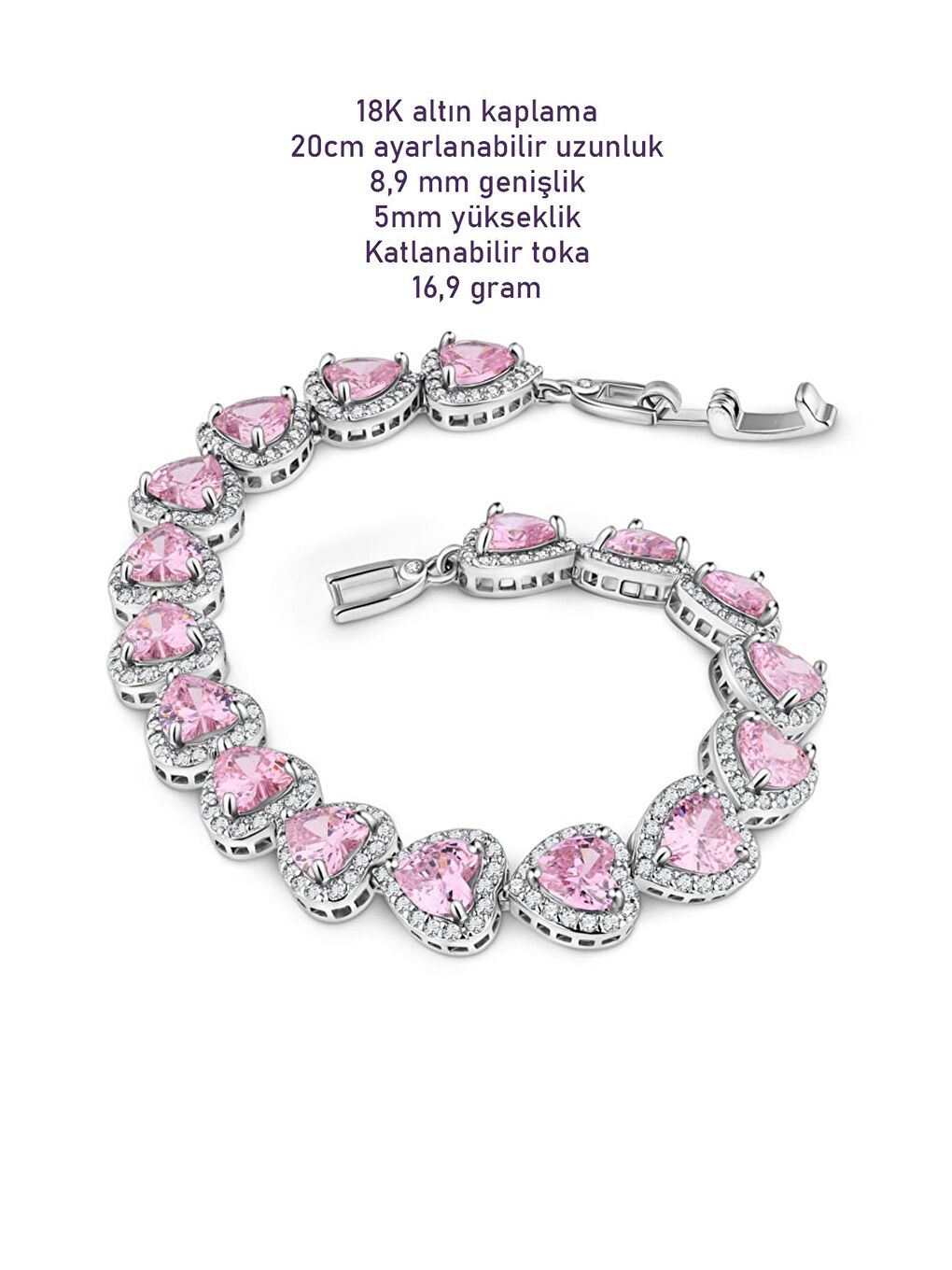 Gri Zirkon Pembe Taşlı Kalp Gümüş VIP Suyolu Bileklik-2