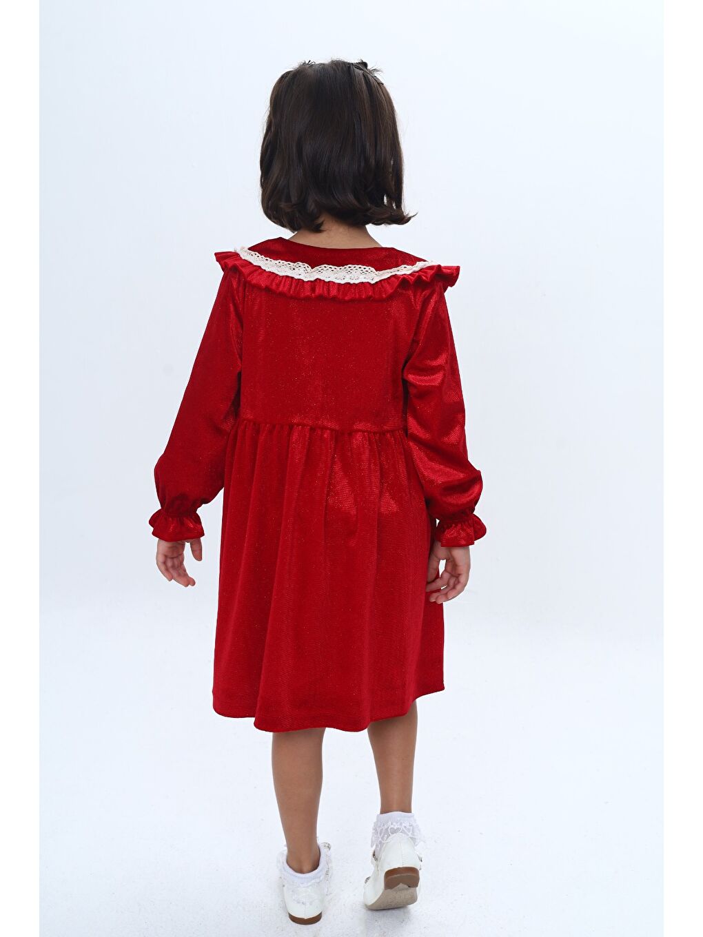 Kırmızı Kız Çocuk Yaka Detaylı Fırfırlı Elbise-4