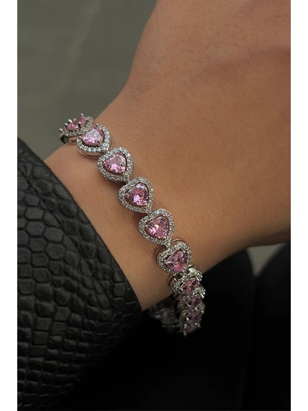 Gri Zirkon Pembe Taşlı Kalp Gümüş VIP Suyolu Bileklik-7