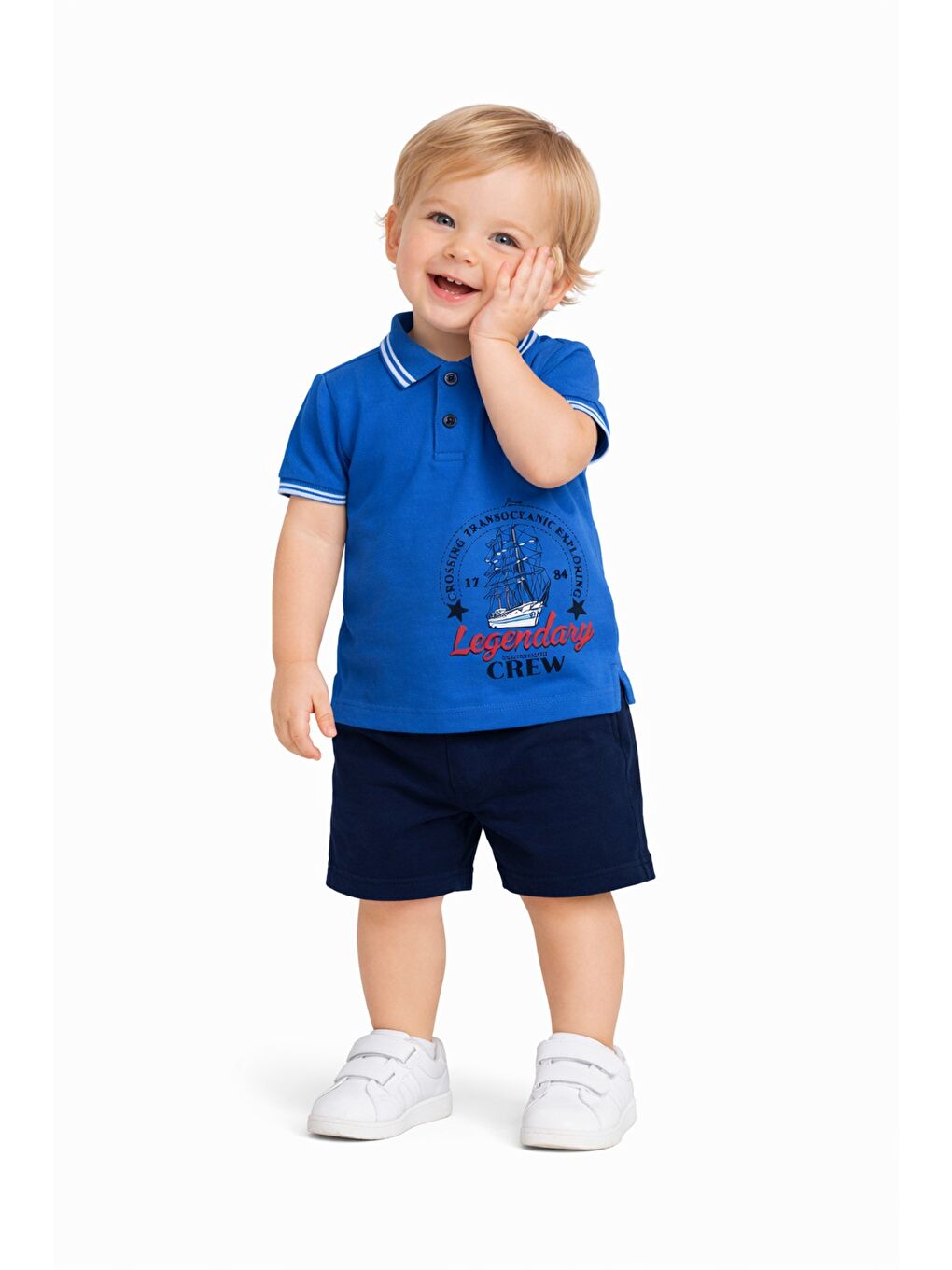 Lacivert Erkek Bebek Polo Yaka Baskılı Tshirt Şort Yazlık Takım-5