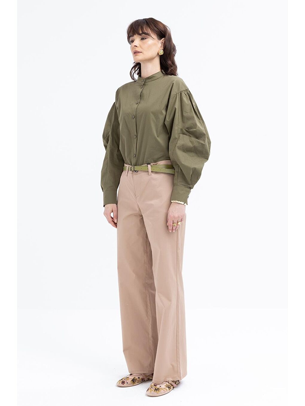 Bej Vizon-Geniş Paça Elastanlı Pantolon-1