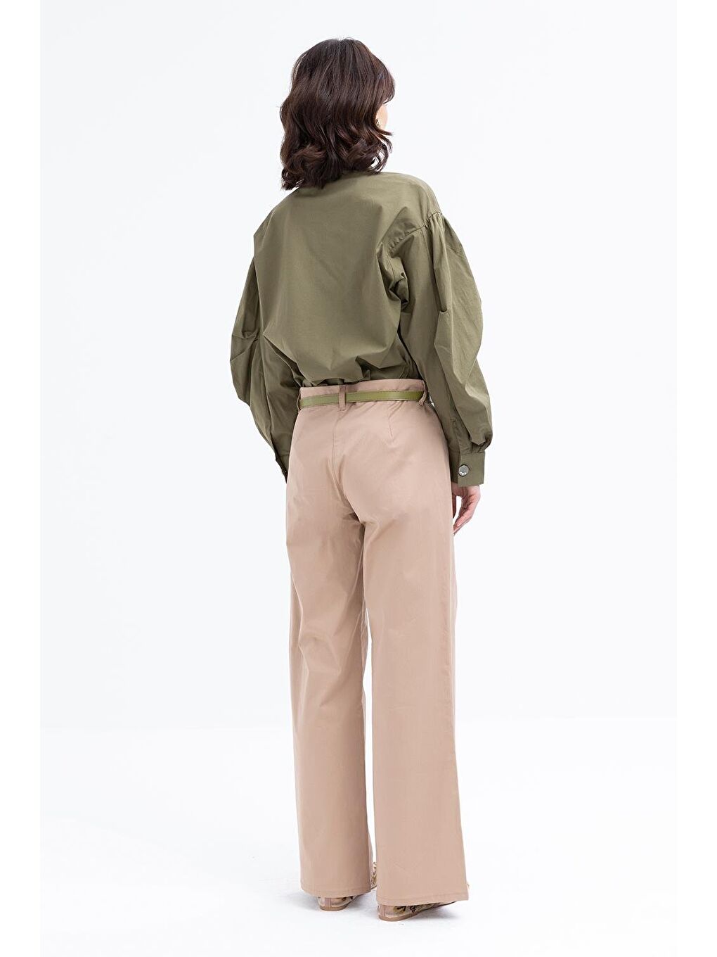 Bej Vizon-Geniş Paça Elastanlı Pantolon-2